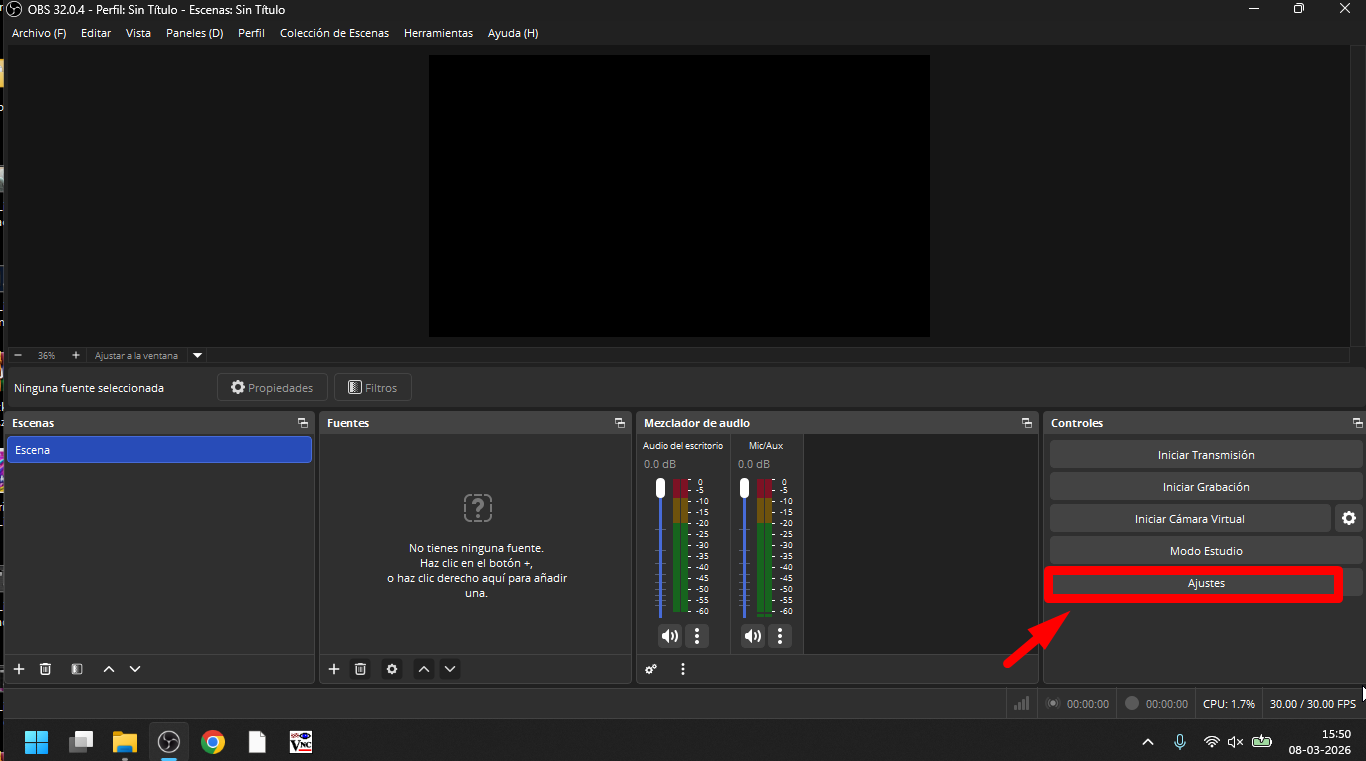 Botón Ajustes en OBS