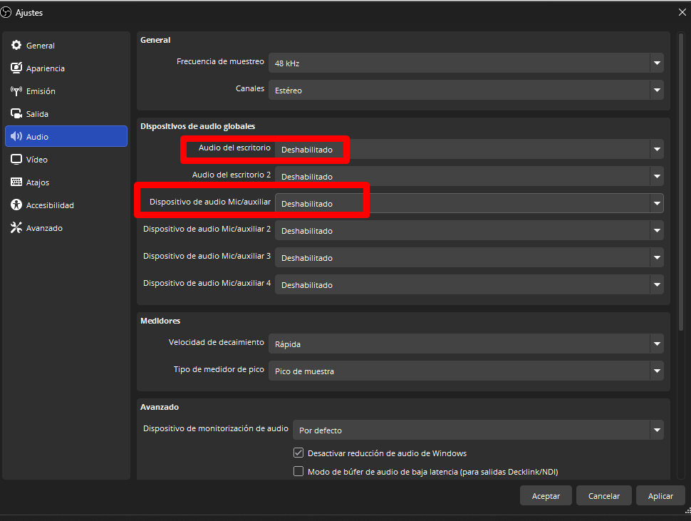 Deshabilitar dispositivos de audio globales