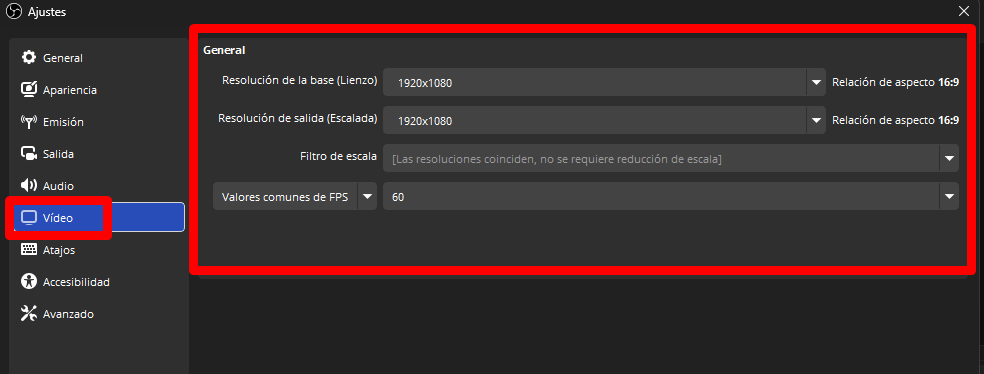 Configuración de video 1920x1080 60fps